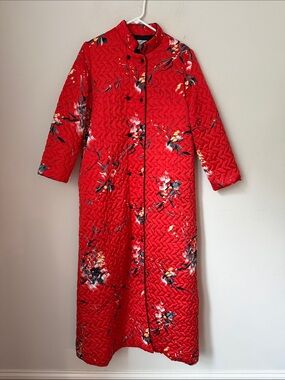 Jolie Two Luxe Red Floral Quilted Duster Coat Small